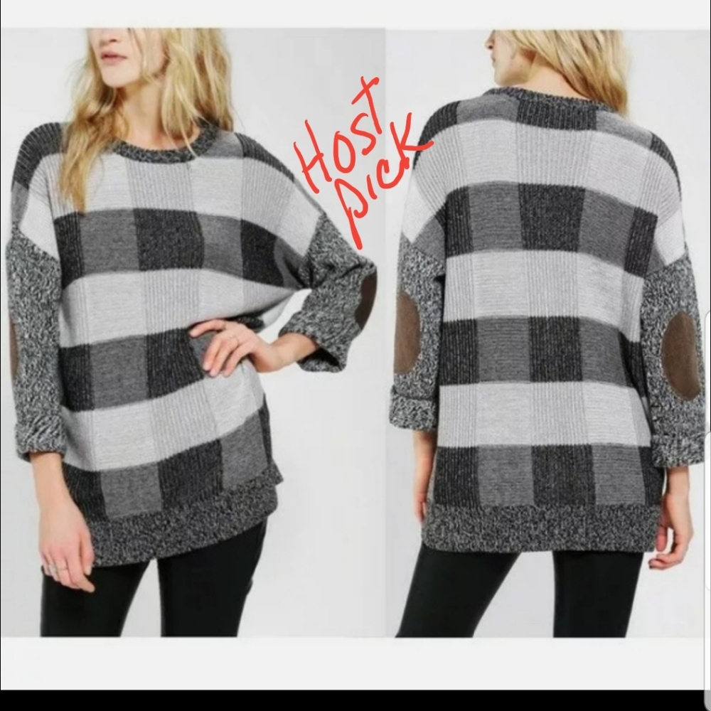 BDG gray buffalo plaid elbow patch long sleeve sweater tunic